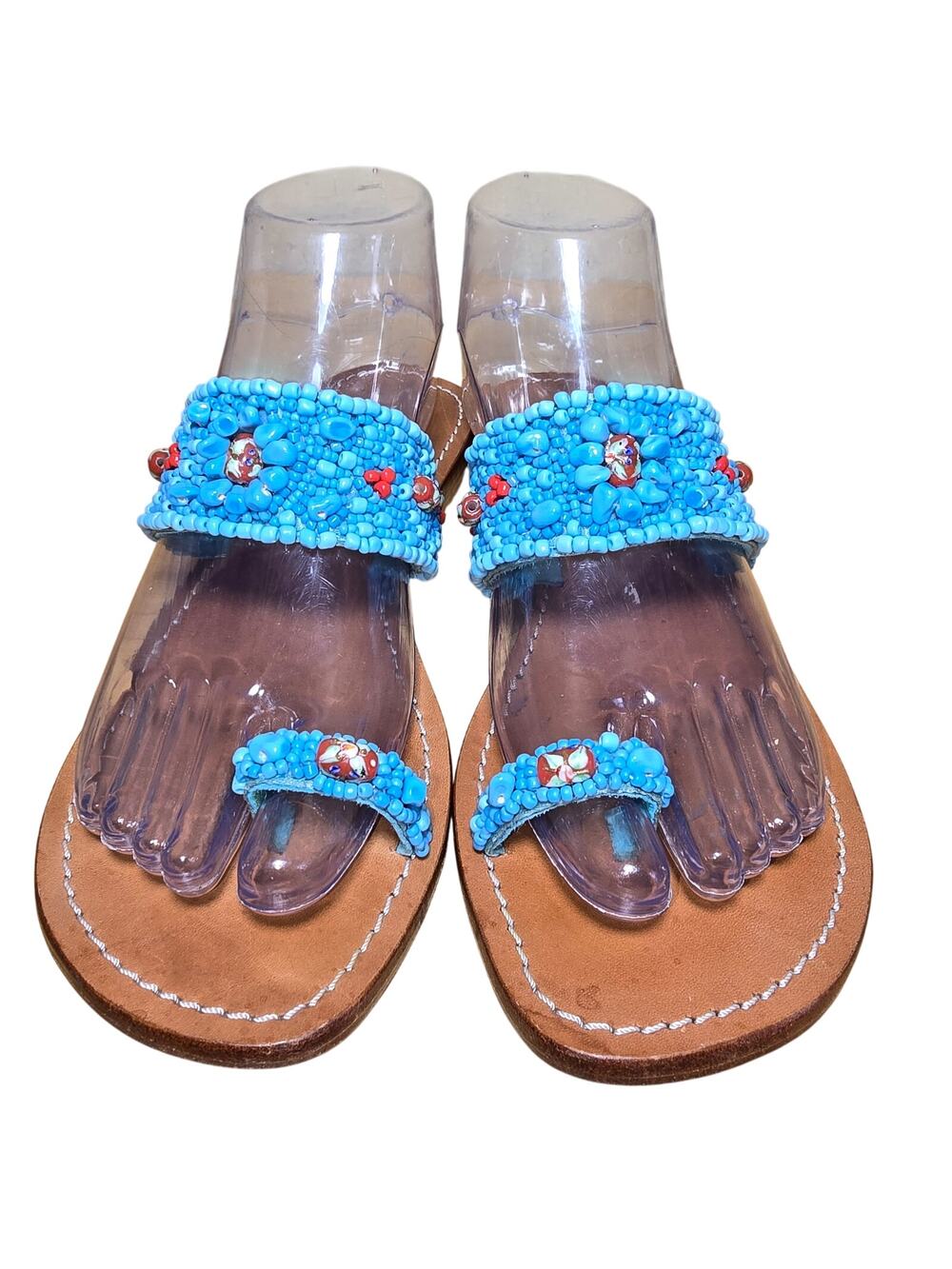 Excellent Condition Mystique Turquoise Beaded Leather Sandals Suede Lining Sz 7